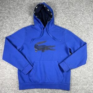 Lacoste Sport Hoodie Mens M Blue Oversized Crocodile Fleece Sweatshirt Preppy